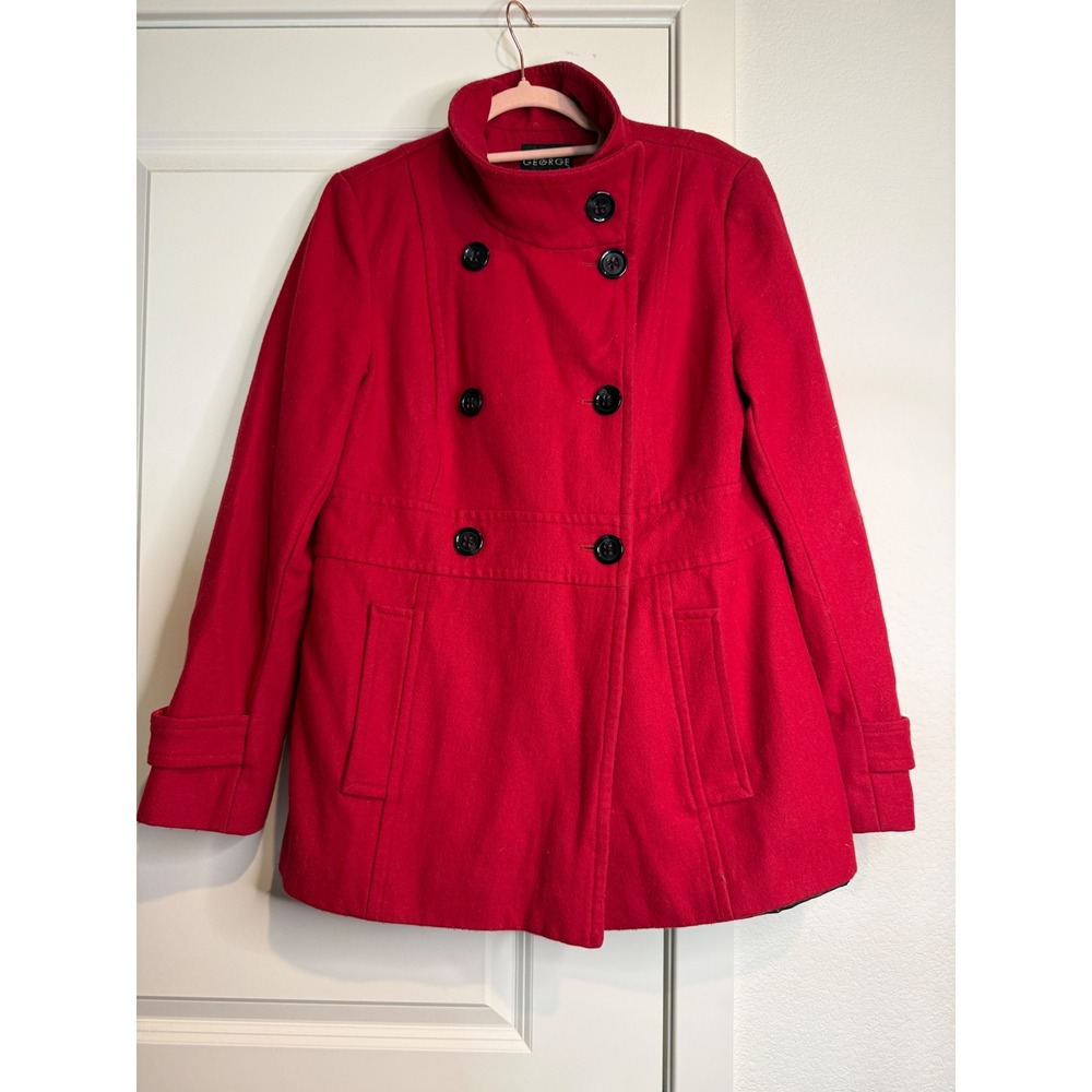 George Red Wool Blend Pea Coat Funnel Neck Double Breasted Jacket Womens Large